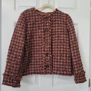 Ann‎ Taylor Fringe Tweed Jacket Size 12 Petite Polyester Blend Cherrywood Blazer